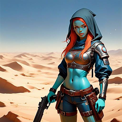 Futuristic Blue-Skinned Woman Warrior in Desert Sci-Fi Illustration