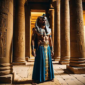Man Dressed as Ancient Egyptian Pharaoh in Historic Temple Setting