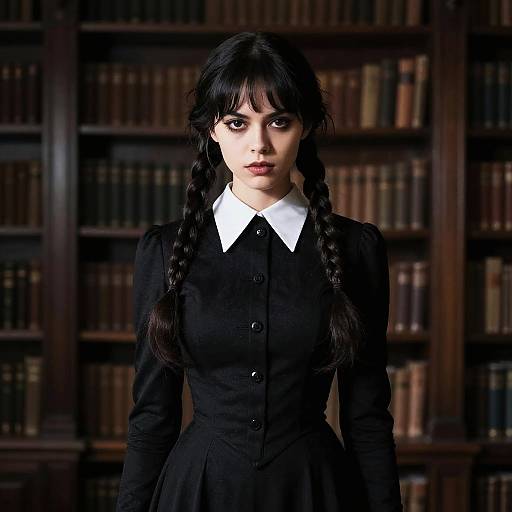 Young Woman in Gothic Wednesday Addams Style Dress with Braided Hair in Library