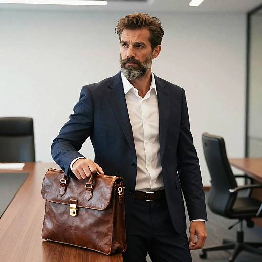 Professional Man with Leather Briefcase in Modern Office