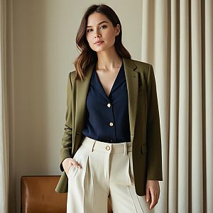 Elegant Woman in Olive Green Blazer and Cream Trousers Fashion Portrait