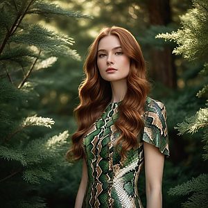 Woman in Snake-Pattern Dress Amidst Green Foliage