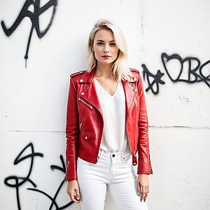 Confident Woman in Red Jacket Against Graffiti Wall