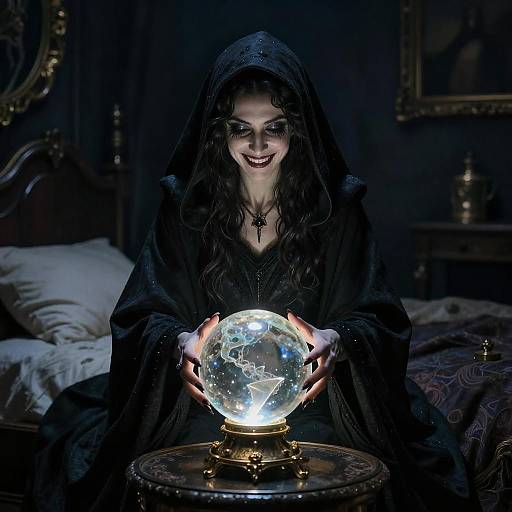 Mysterious Woman in Hooded Cloak Holding Glowing Magical Crystal Ball