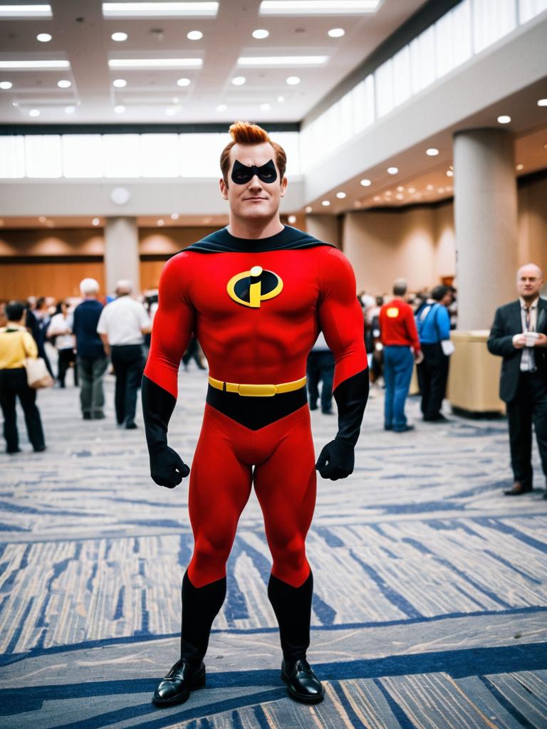 Man in Red Superhero Costume at Convention