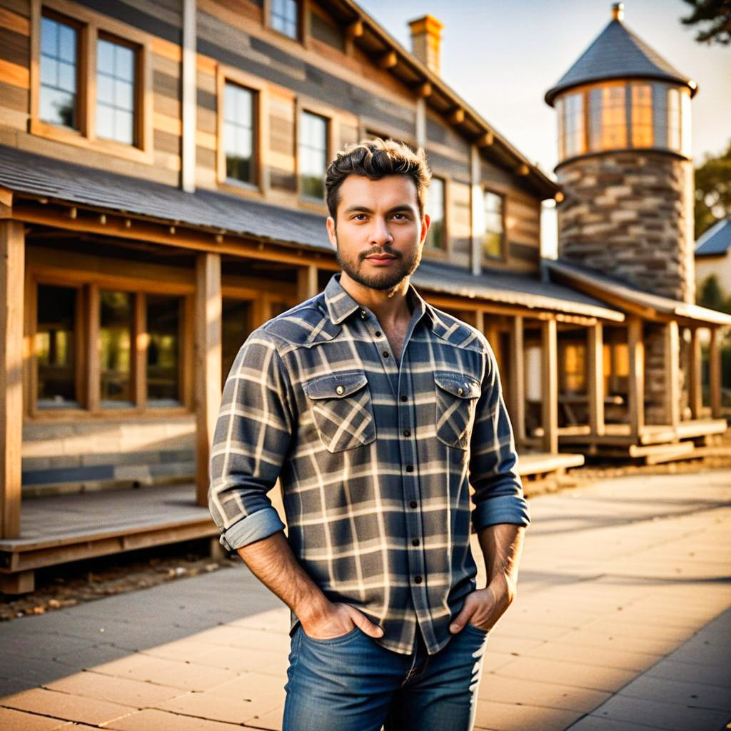 Confident Man in Rustic Wooden Architecture