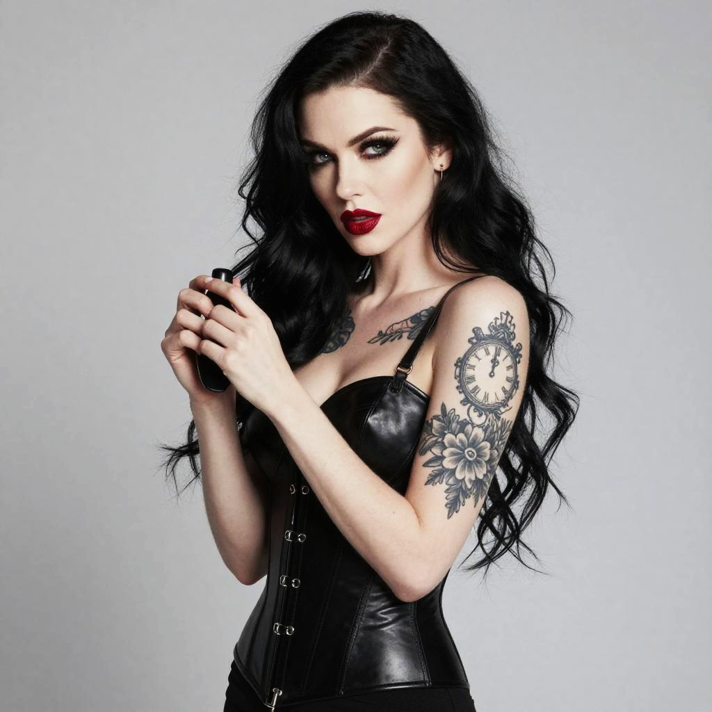 Edgy Woman with Black Leather Corset and Vintage Clock Tattoo