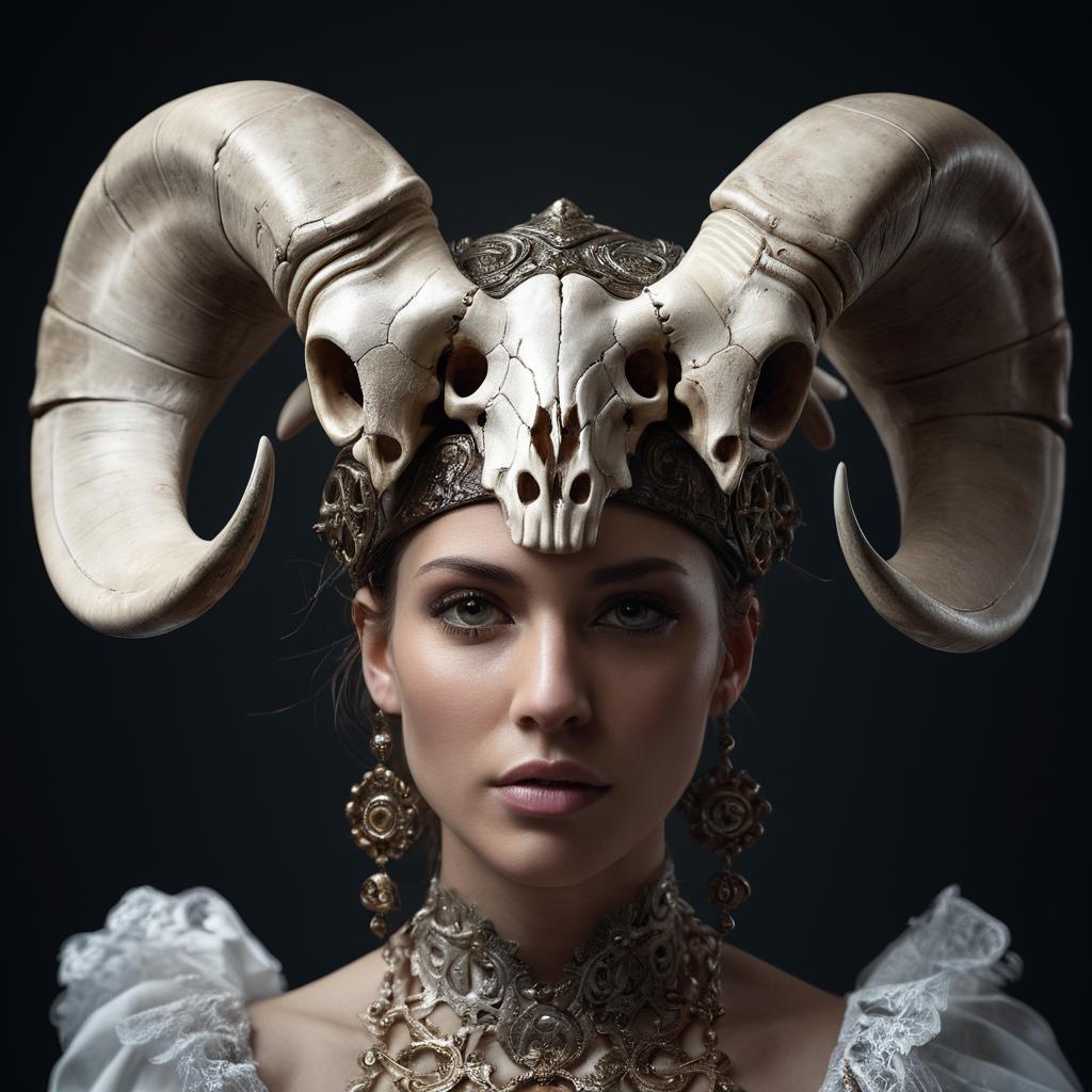 Woman with Ram Skull Headdress and Intricate Jewelry