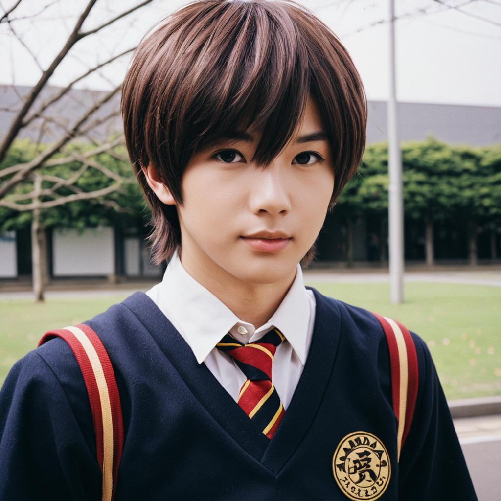 Young Man in Traditional Japanese School Uniform with Red and Gold Stripes
