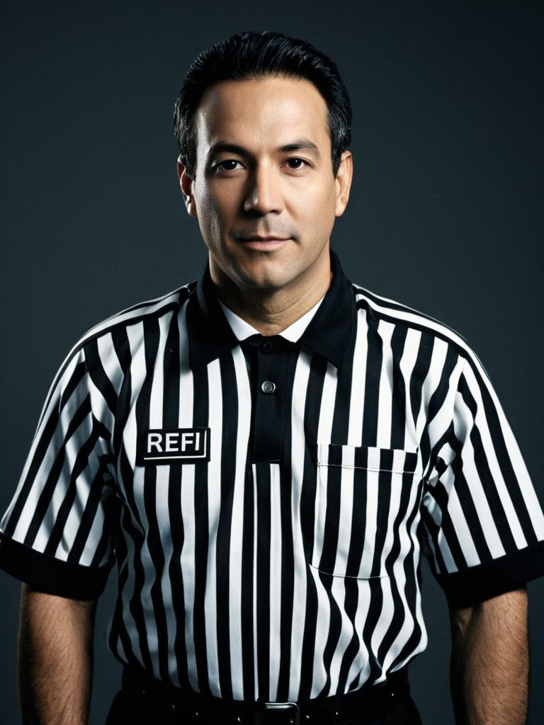 Photorealistic Portrait of Man in Referee Costume with Black and White Stripes