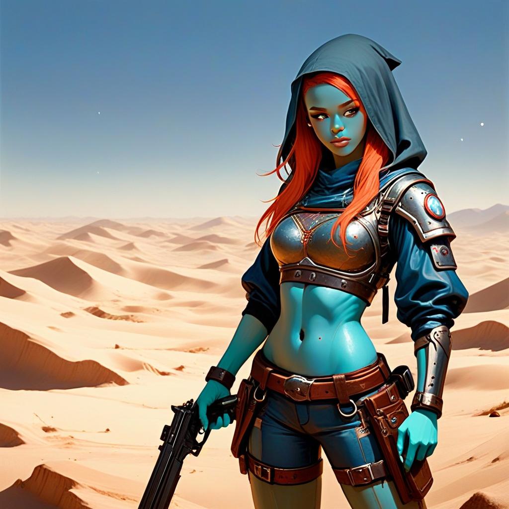 Futuristic Blue-Skinned Woman Warrior in Desert Sci-Fi Illustration
