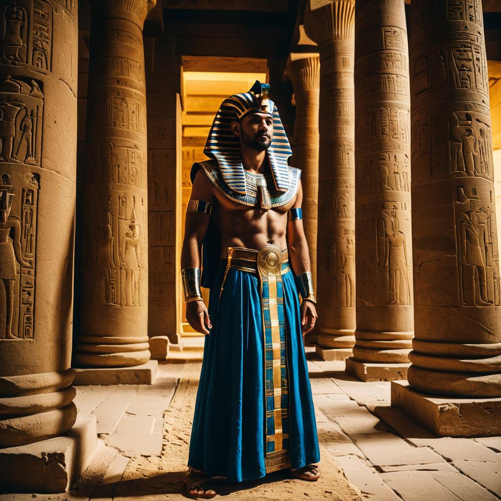 Man Dressed as Ancient Egyptian Pharaoh in Historic Temple Setting