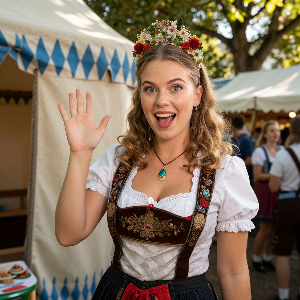 Happy Young Woman in Traditional Bavarian Dirndl at Festival