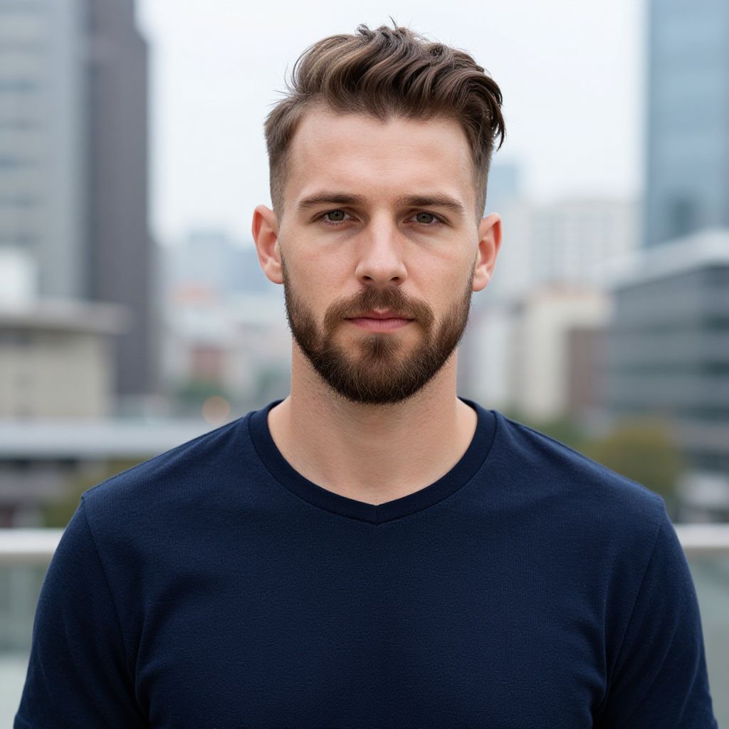 Portrait of Serious Young Man with Beard in Urban Environment