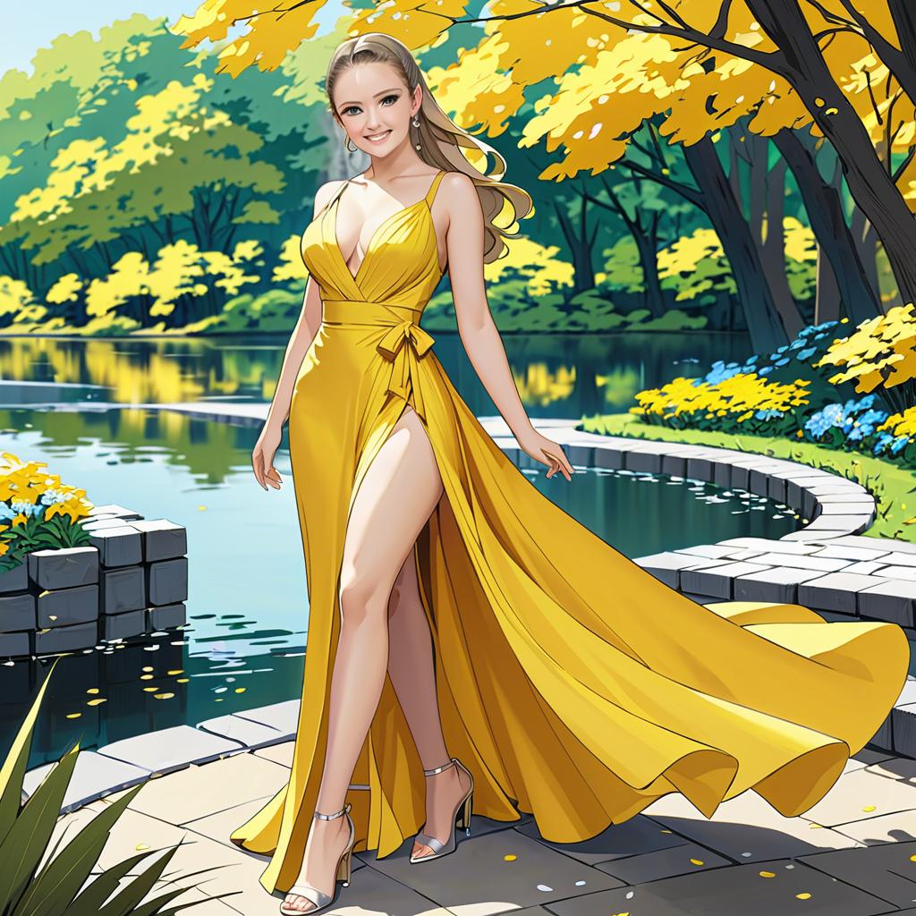 Smiling Woman in Elegant Yellow Gown in Serene Park