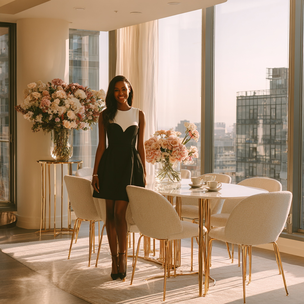 Fashionable Woman in Elegant Dining Area Fashionable Woman in Elegant Dining Area