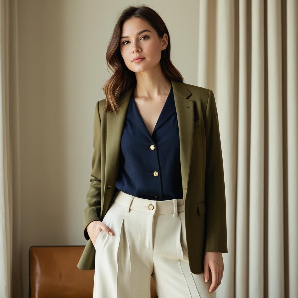 Elegant Woman in Olive Green Blazer and Cream Trousers Fashion Portrait