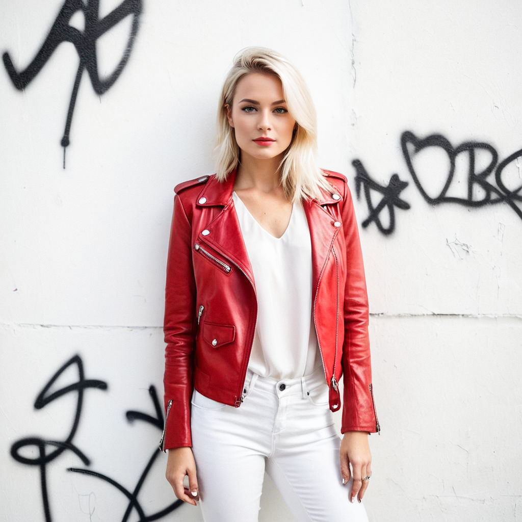 Confident Woman in Red Jacket Against Graffiti Wall