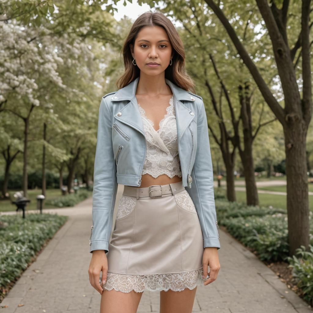 Confident Woman in Chic Outfit on Tree-Lined Pathway