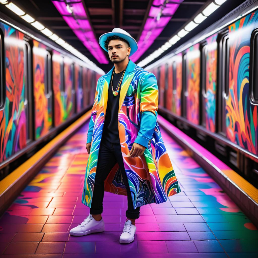 Stylish Man in Colorful Subway Station with Abstract Long Coat