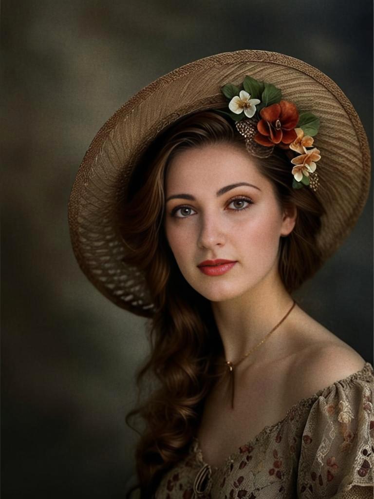 Young Woman in Embroidered Dress and Floral Hat