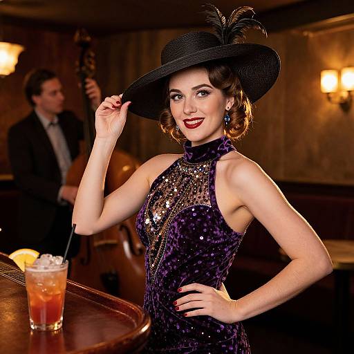 Elegant Woman in Purple Velvet Dress and Black Feathered Hat at Vintage Jazz Bar