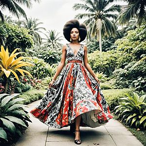 Elegant Woman in Floral Dress Surrounded by Tropical Greenery