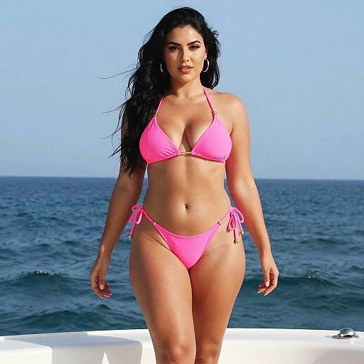 Confident Woman in Pink Bikini on Boat by Ocean