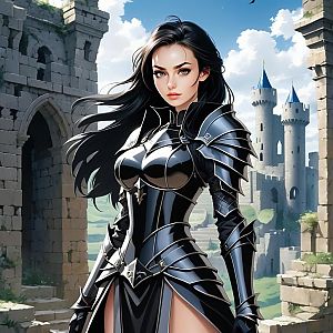 Fierce Woman Warrior in Black Armor Amidst Ancient Ruins