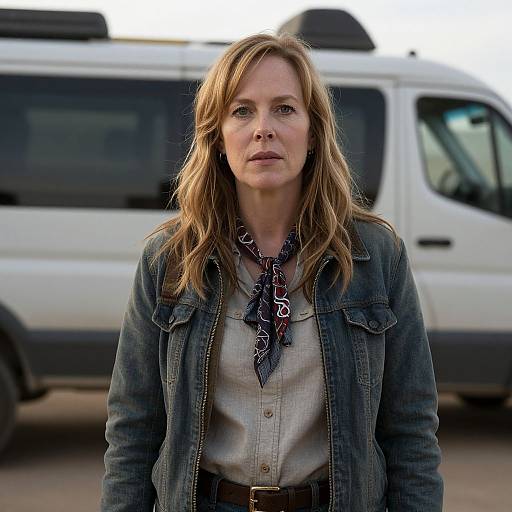 Serious Woman Standing Outdoors in Denim Jacket and Scarf by Van