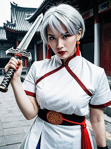 Street Fighter Inspired Woman in Traditional Martial Arts Costume with Sword
