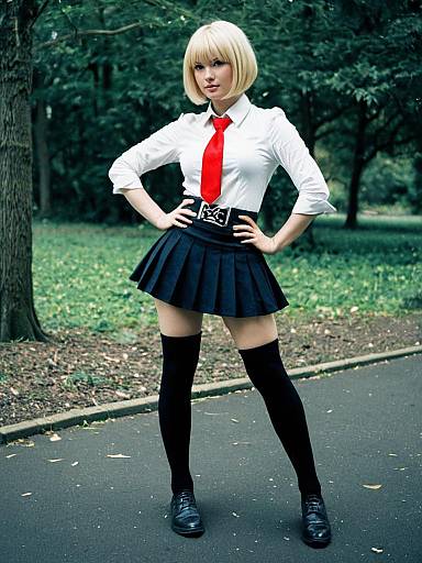 Stylish Woman in Red Tie and Black Pleated Skirt Outdoors