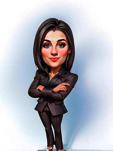 Confident Business Woman Caricature in Black Suit with Arms Crossed