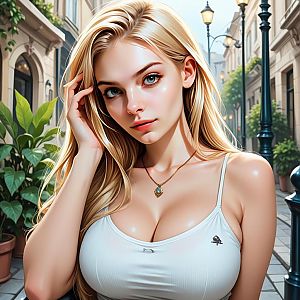 Blonde Woman in White Tank Top on Urban Street Digital Portrait