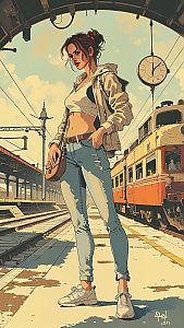 Stylish Young Woman on Train Platform Digital Illustration