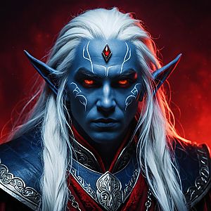 Dark Elf Man with Blue Skin and Glowing Eyes in Fantasy Armor