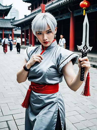 Akira Cosplay Street Fighter Woman in Traditional Asian Setting