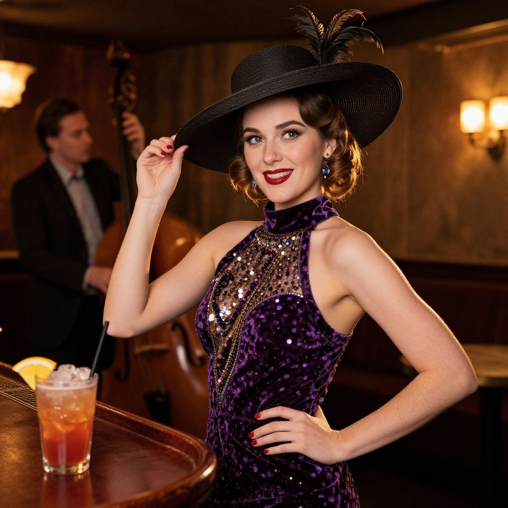 Elegant Woman in Purple Velvet Dress and Black Feathered Hat at Vintage Jazz Bar
