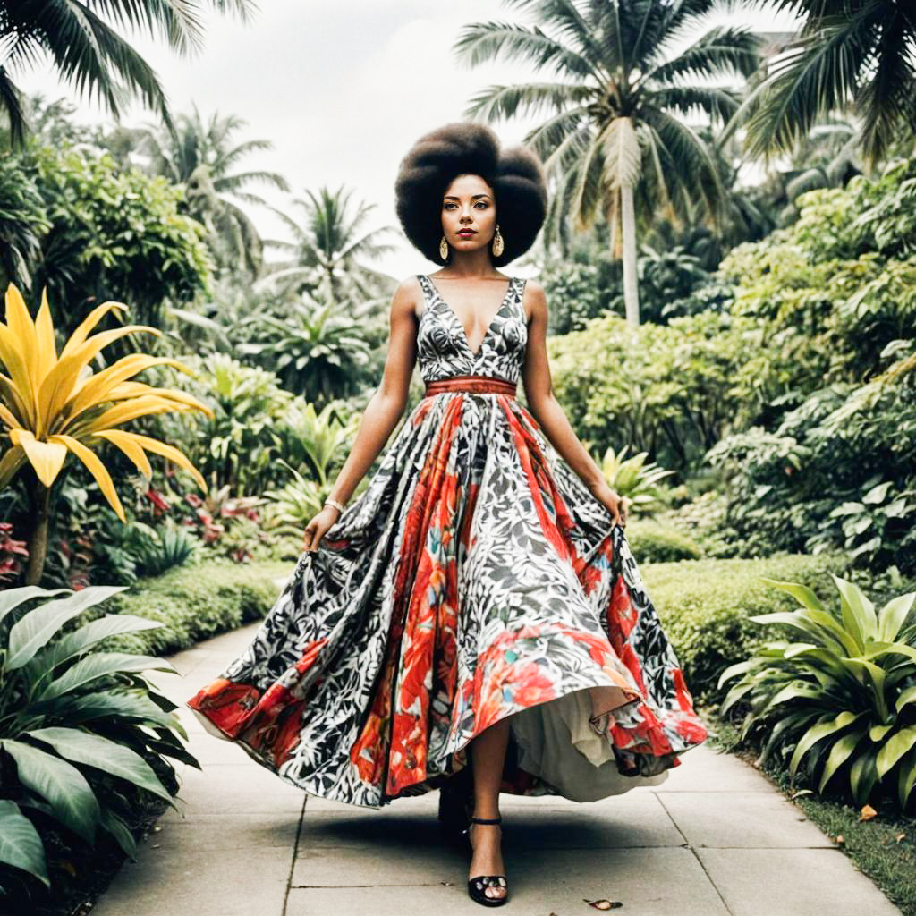 Elegant Woman in Floral Dress Surrounded by Tropical Greenery