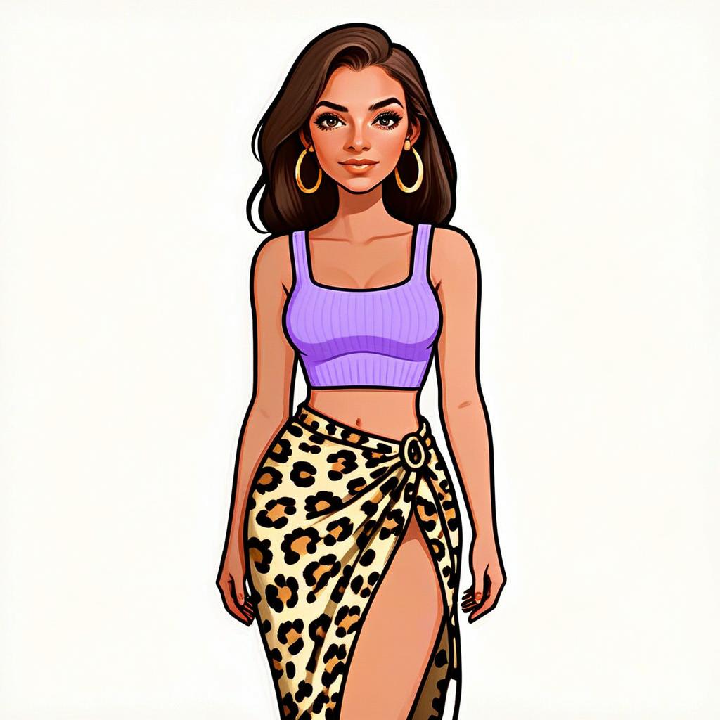Contemporary Woman Wearing Purple Crop Top and Leopard Print Skirt Illustration