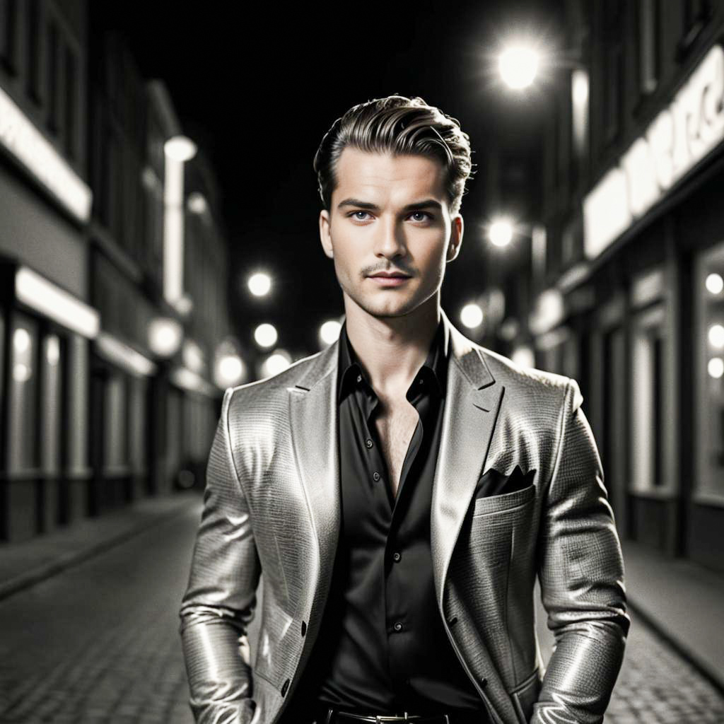 Stylish Man in Silver Suit in Urban Setting