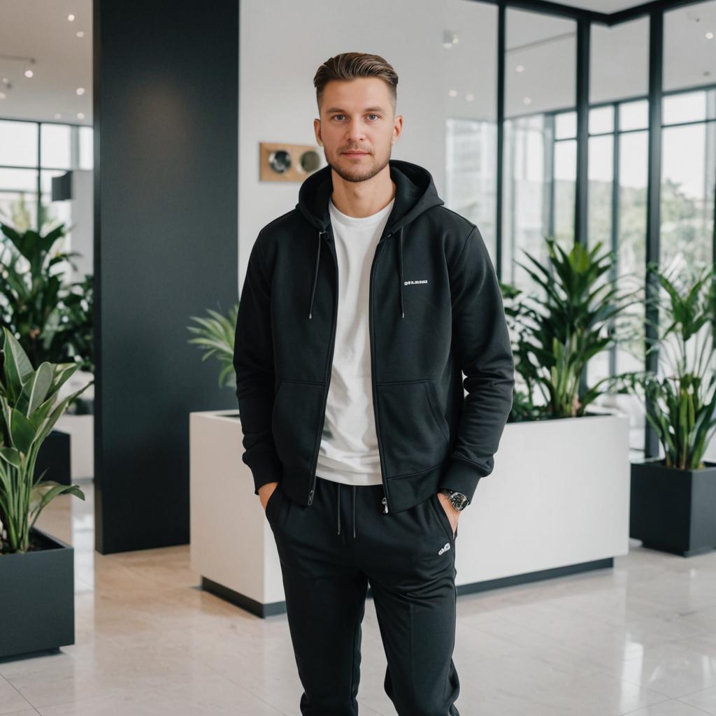 Casual Man in Black Hoodie in Modern Room