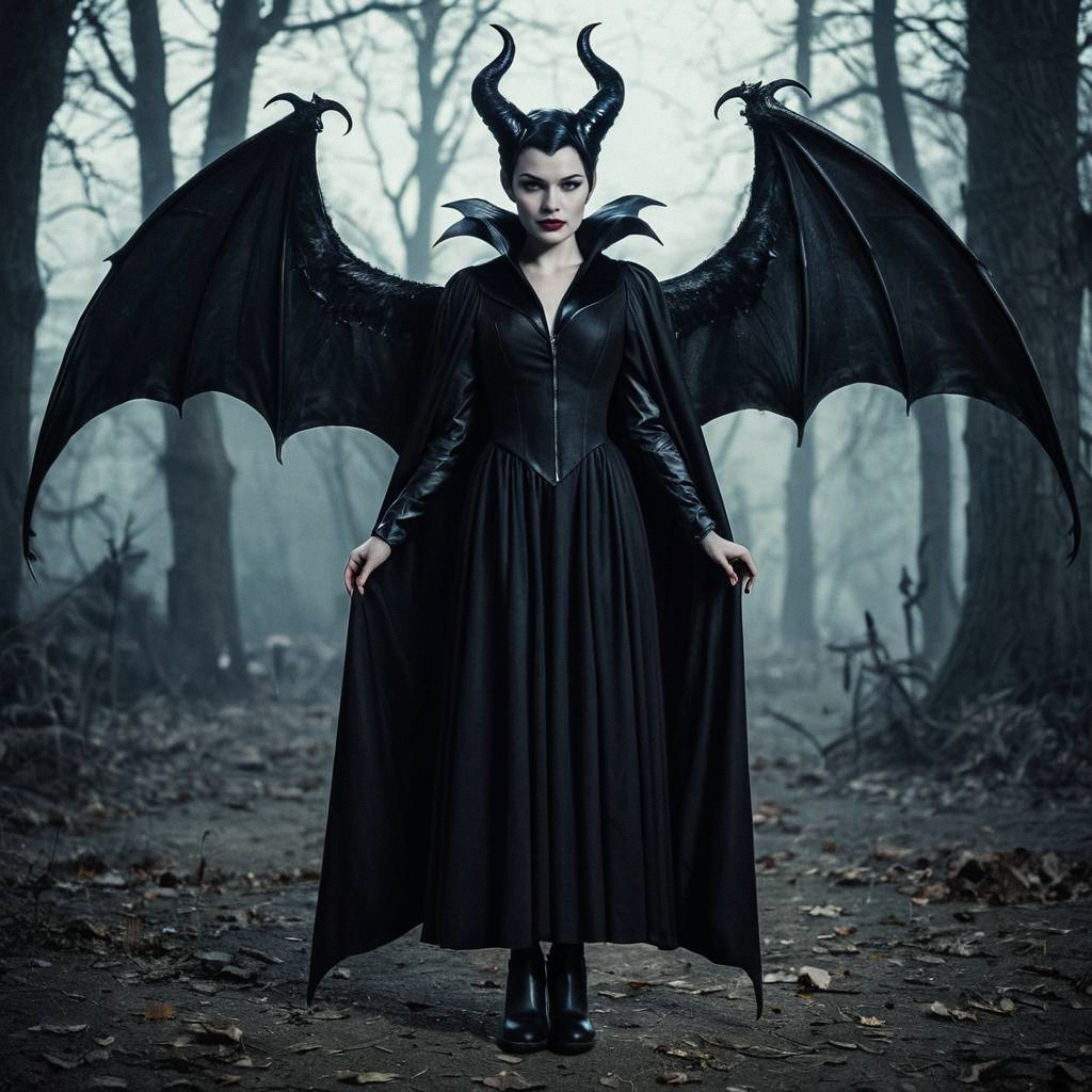 Woman in Dark Fantasy Costume with Wings in Eerie Forest Woman in Dark Fantasy Costume with Wings in Eerie Forest
