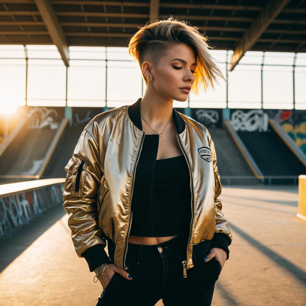 Trendy Young Woman in Gold Bomber Jacket at Urban Skatepark