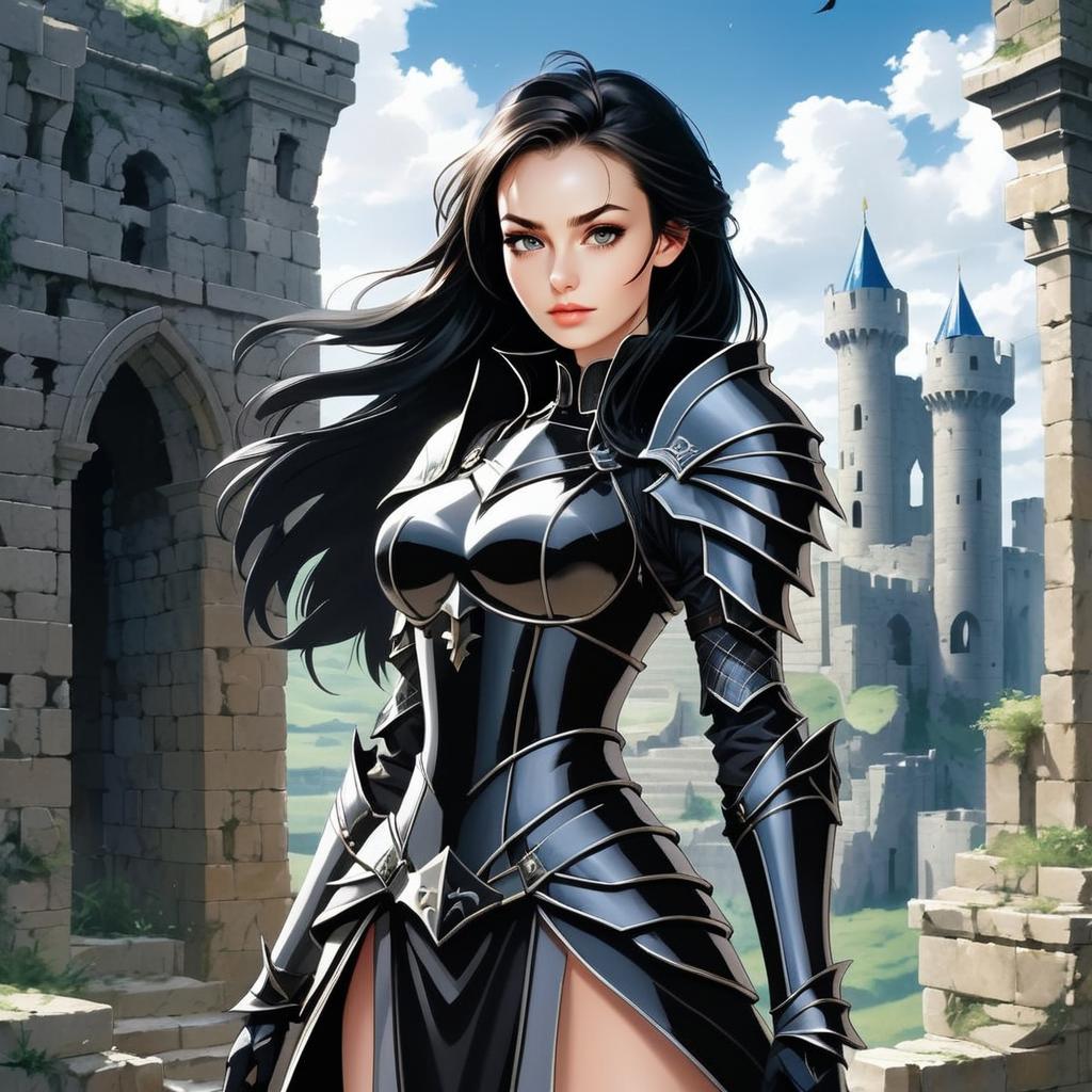 Fierce Woman Warrior in Black Armor Amidst Ancient Ruins Fierce Woman Warrior in Black Armor Amidst Ancient Ruins