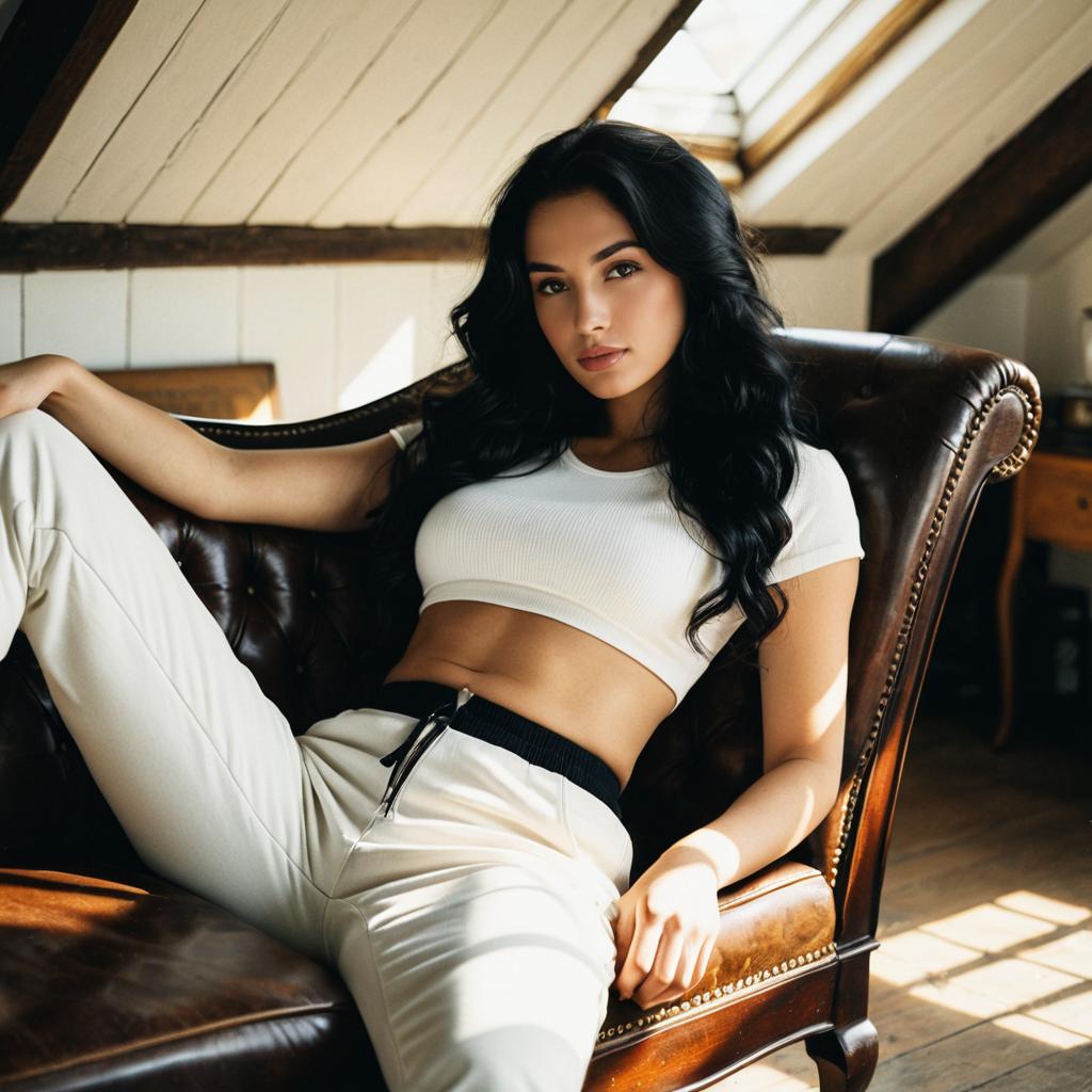 Confident Woman Relaxing on Vintage Leather Armchair in Attic Room