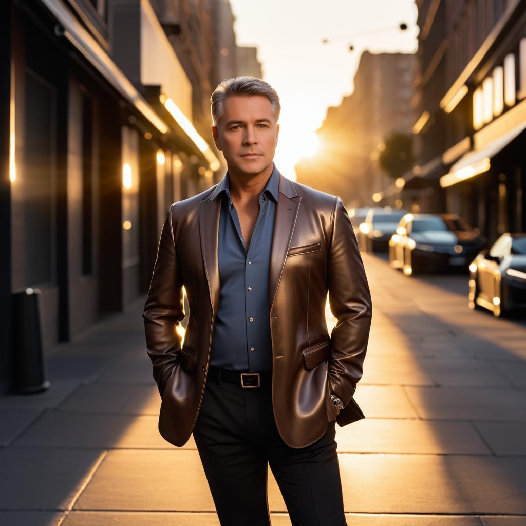 Elegant Man in Leather Blazer at Sunset