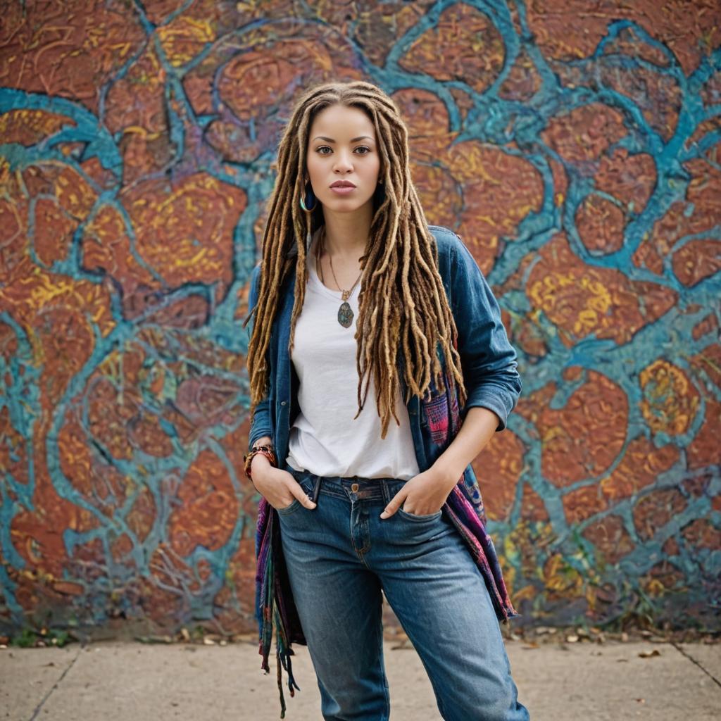 Confident Woman with Dreadlocks Against Colorful Mural