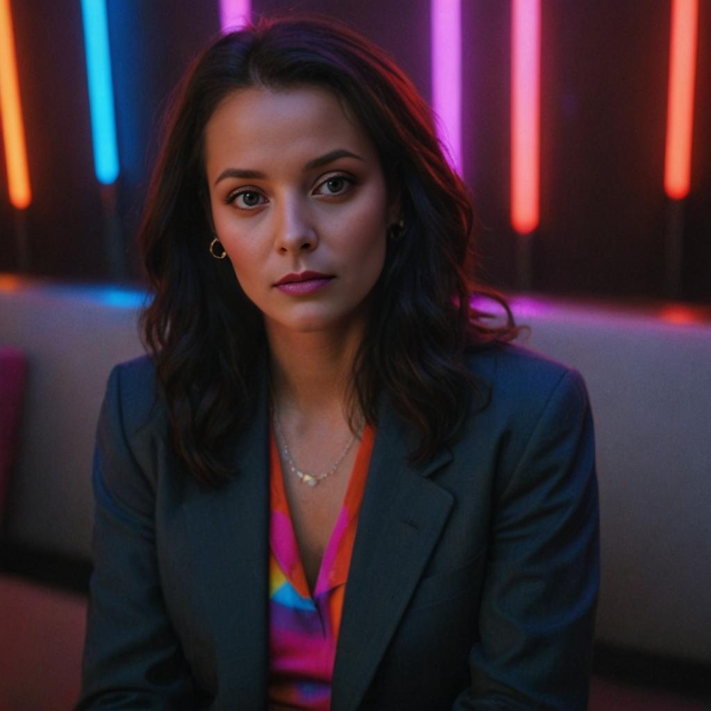 80s Retro Woman in Professional Suit with Neon Lights