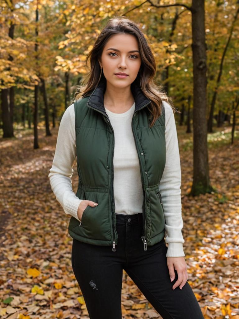 Confident Woman in Green Vest in Autumn Forest